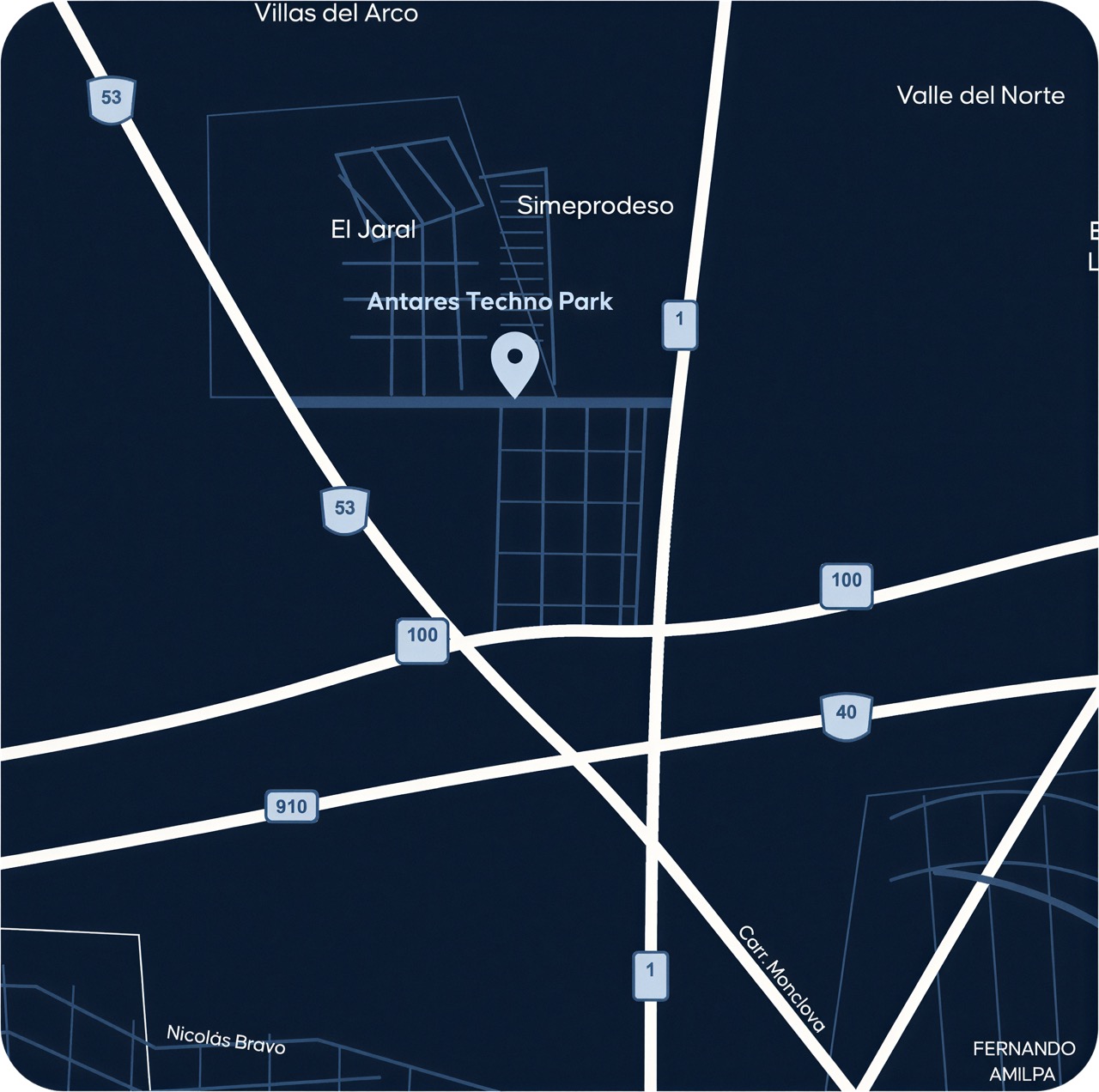 Mapa de ubicación de Antares Techno Park sobre Av. Fidel Velázquez, con las naves industriales El Jaral y Simeprodeso, y acceso a las carreteras 53, 100, 1, 40 y 910